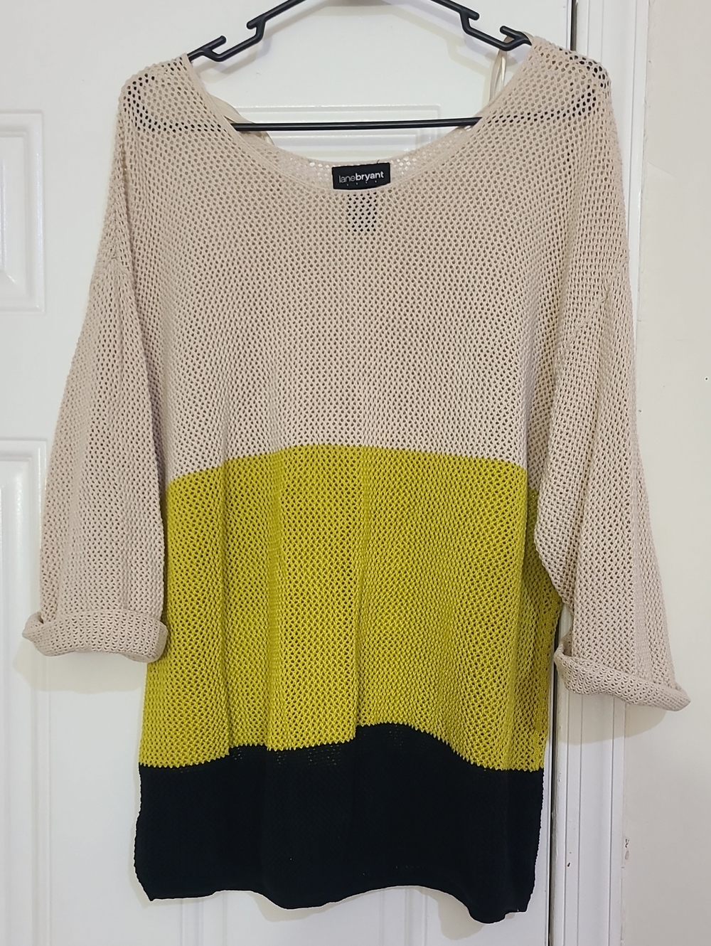 Lane Bryant Beige, Yellow & Black Open-Weave Colorblock Scoop Sweater